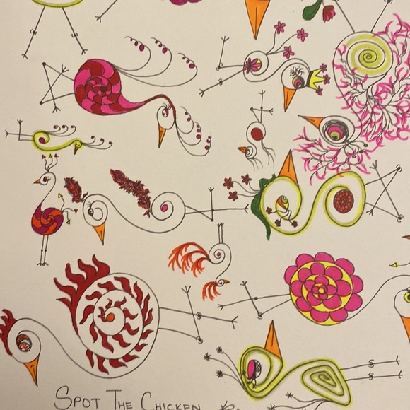 Unframed Original Art Cute Fun Drawing of Swirly Bids & 1 Hidden Chicken to Find - Picture 5 of 6